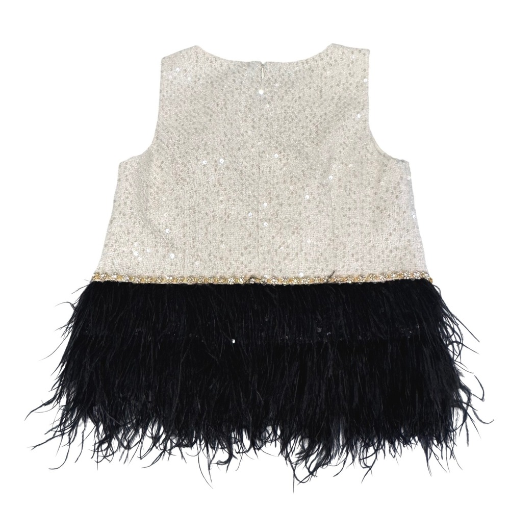 Flora Bea NYC Bello Top S Tweed Feather Hem Sequin Cream Black Cocktail Glam